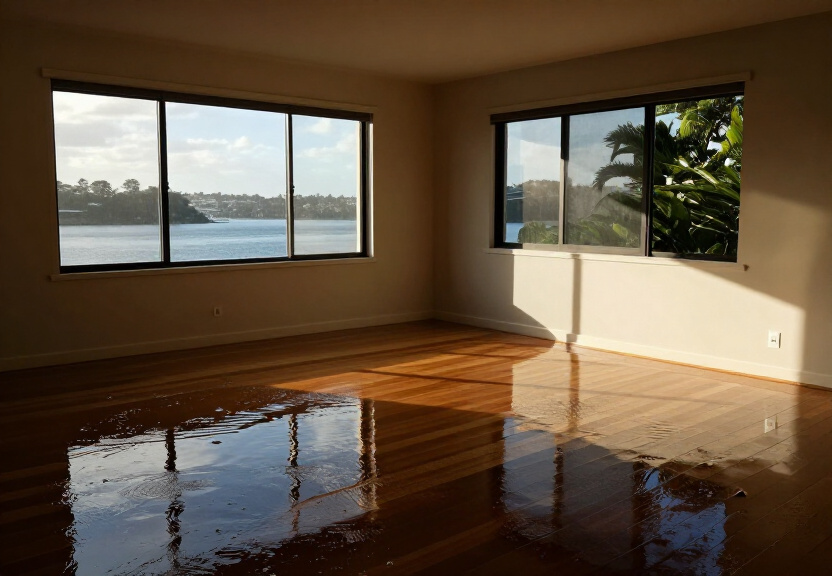 Flooded living room in a Lidcombe home with water covering the floor