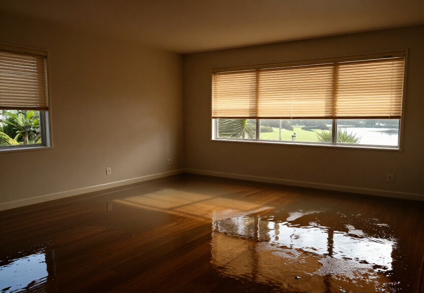 Waterlogged warehouse floor in Lidcombe with standing water