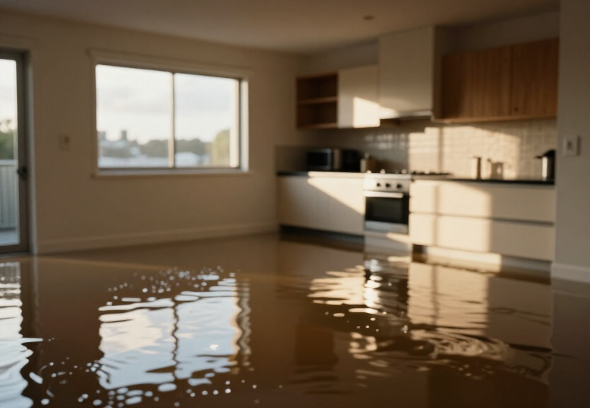 Flooded office in Lidcombe before cleanup